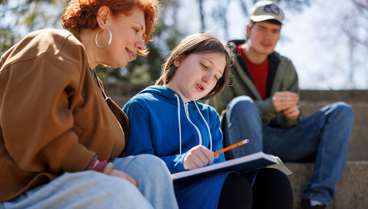 Photo of a person doing homework outdoors with an adult supervising